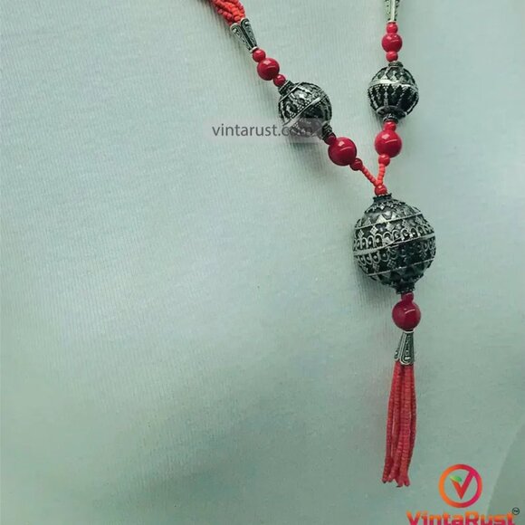 Handmade Red Beaded Necklace with Tribal Tassel Pendant, Beaded Chain Necklace - Picture 5 of 13